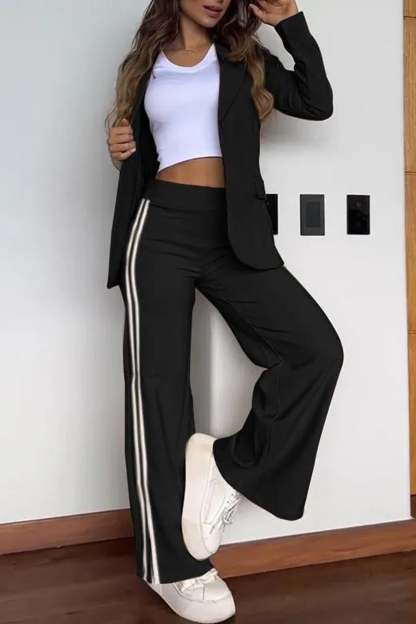 Side Striped Blazer Slit Long Pants Set