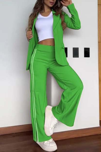 Side Striped Blazer Slit Long Pants Set