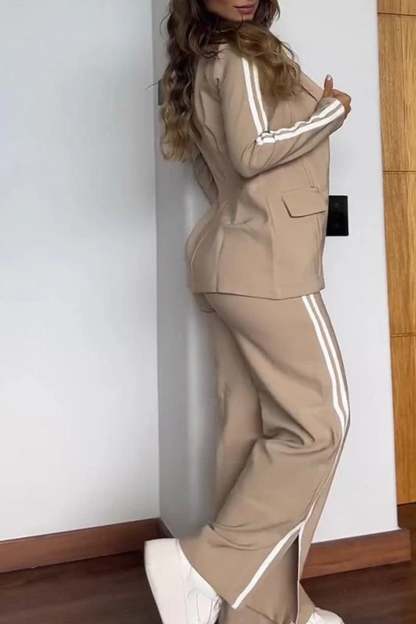 Side Striped Blazer Slit Long Pants Set