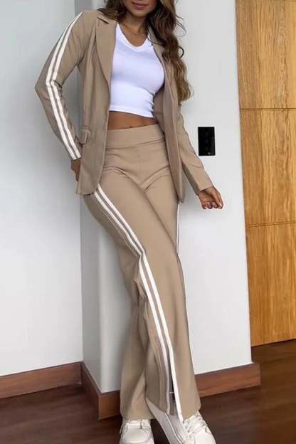 Side Striped Blazer Slit Long Pants Set