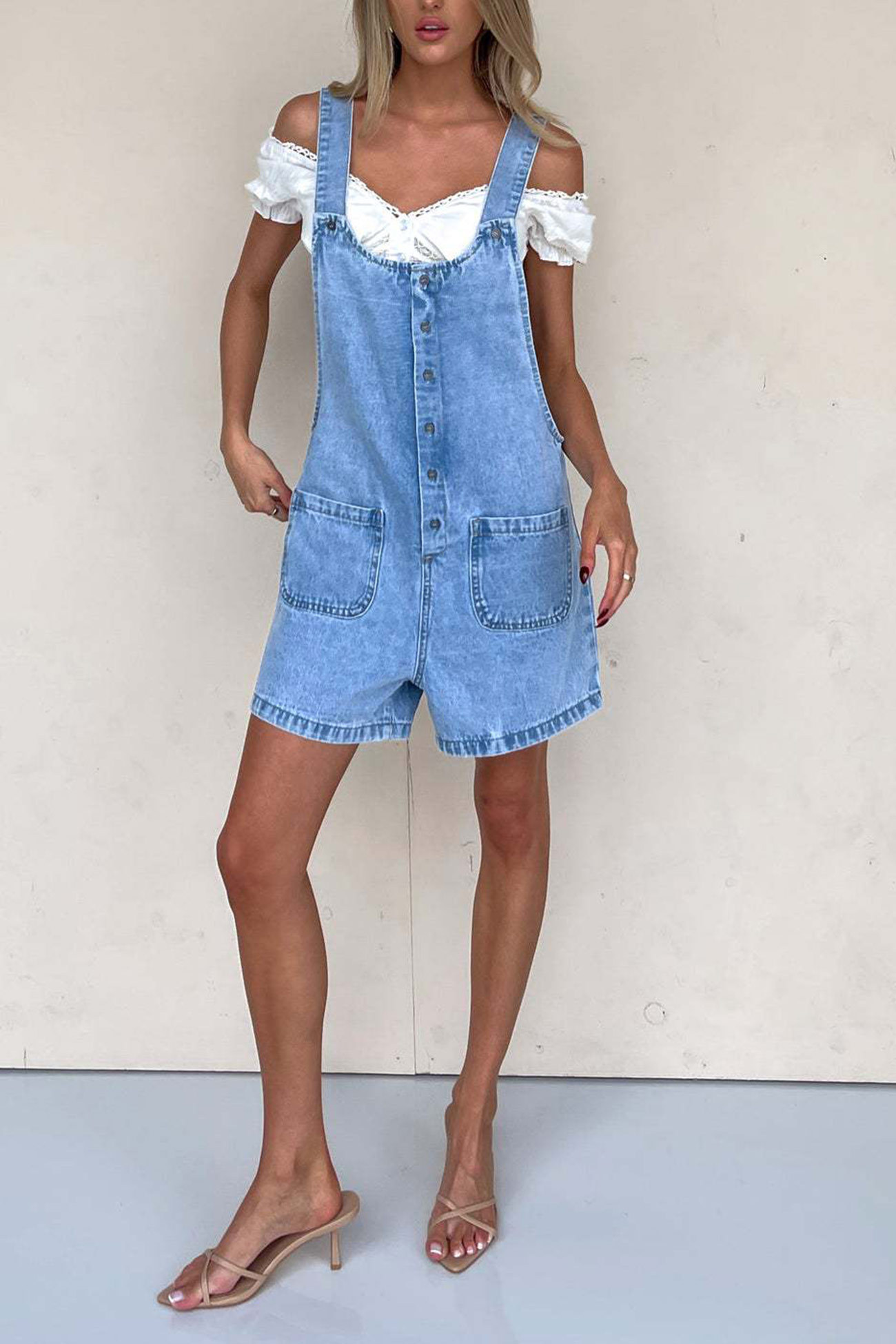 Single-breasted Pocketed Denim Overalls