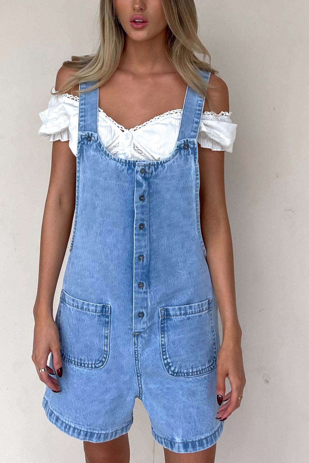 Single-breasted Pocketed Denim Overalls