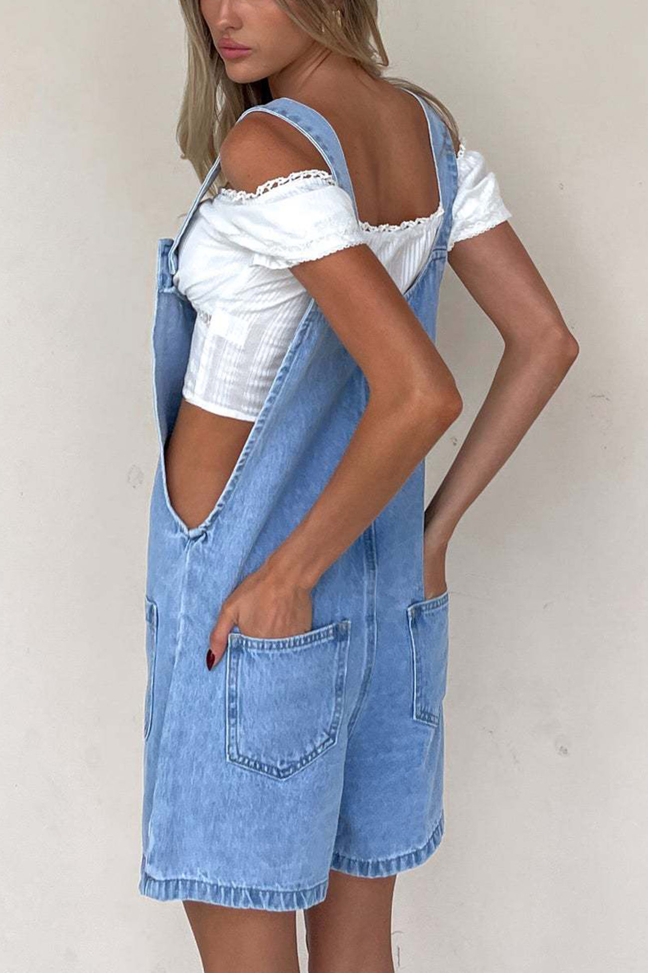 Single-breasted Pocketed Denim Overalls