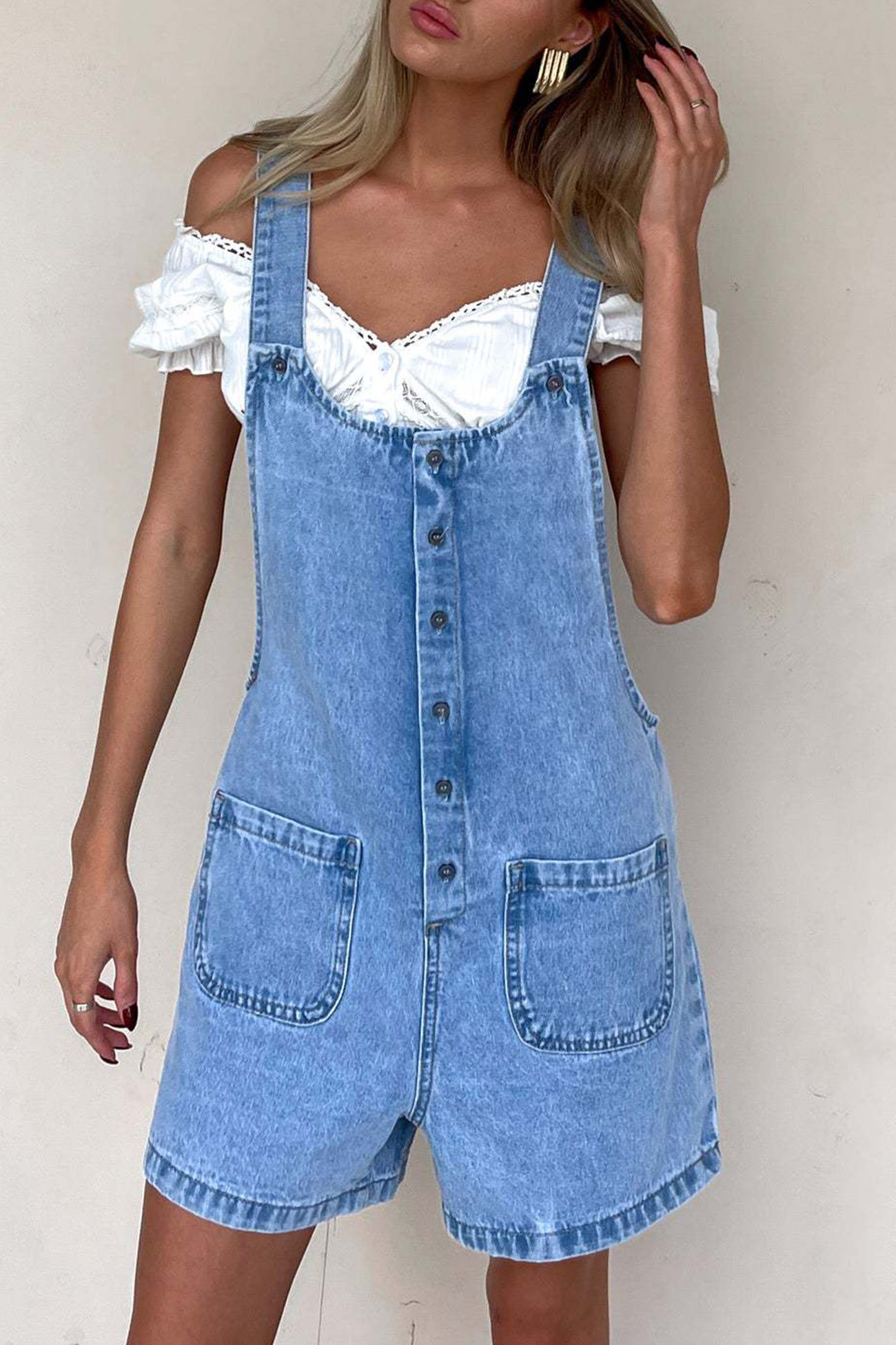 Single-breasted Pocketed Denim Overalls