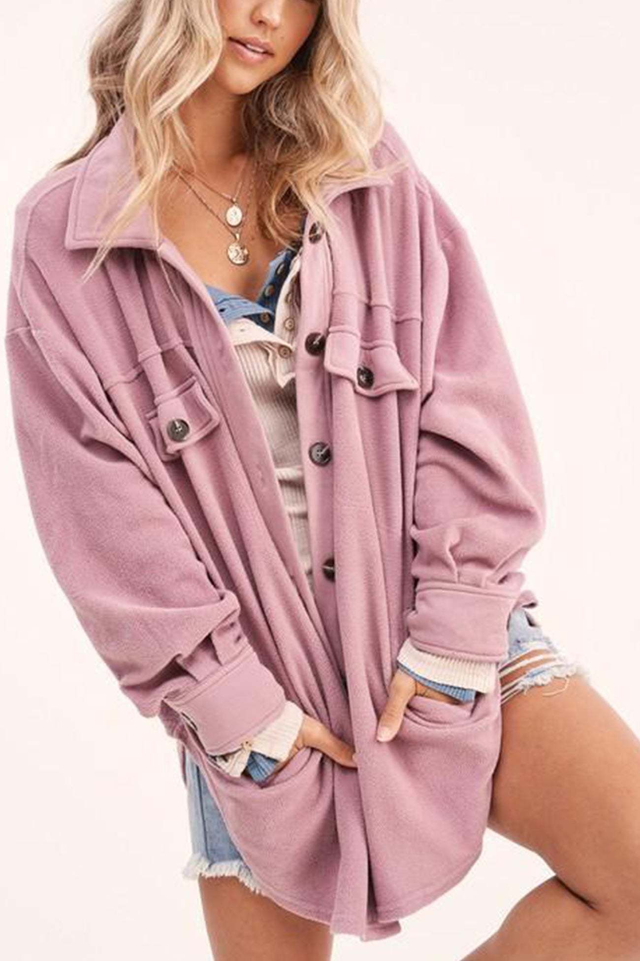 Single-breasted With Pockets Shacket
