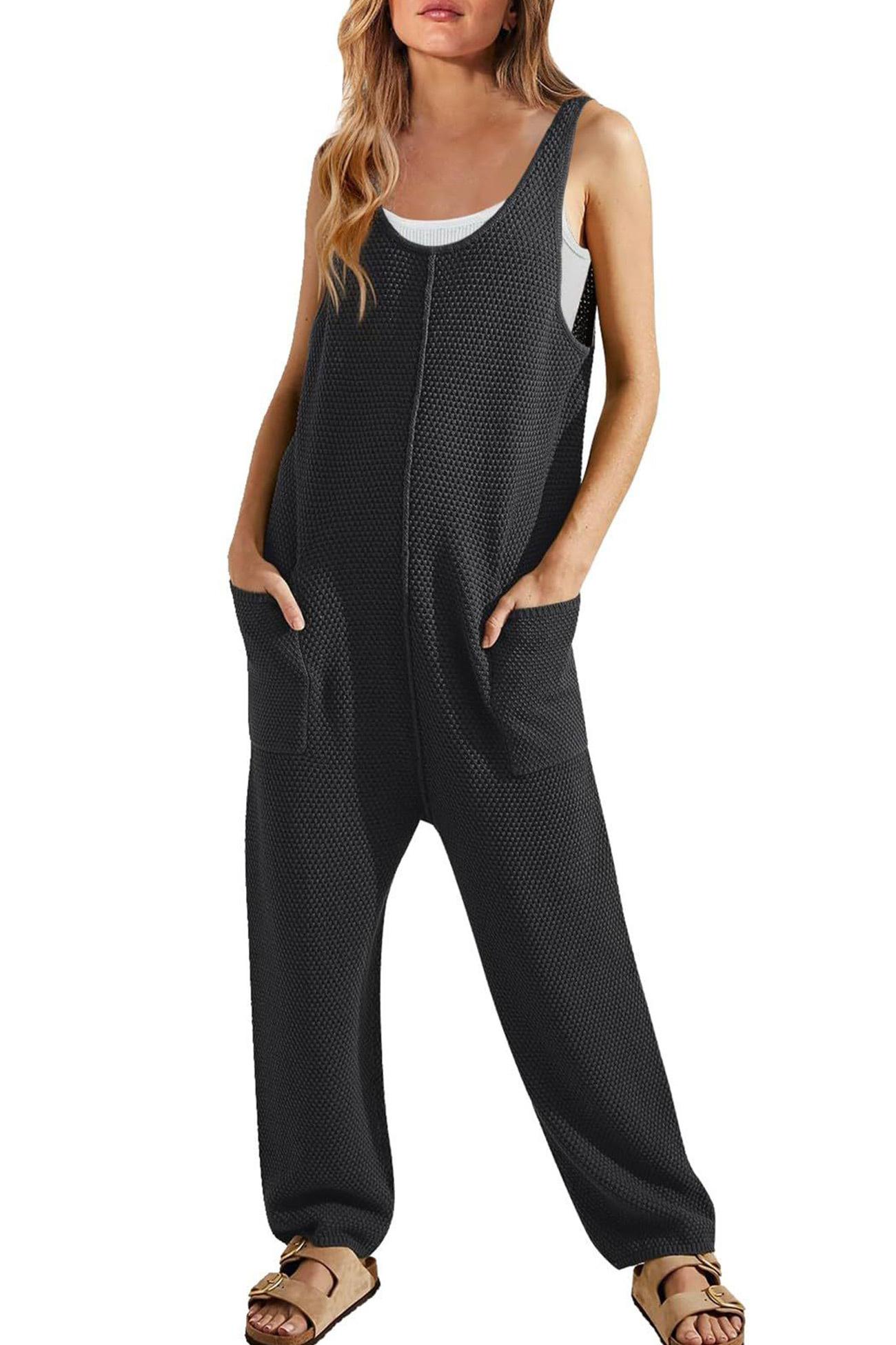 Sleeveless U Neck Dual Pocket Overalls
