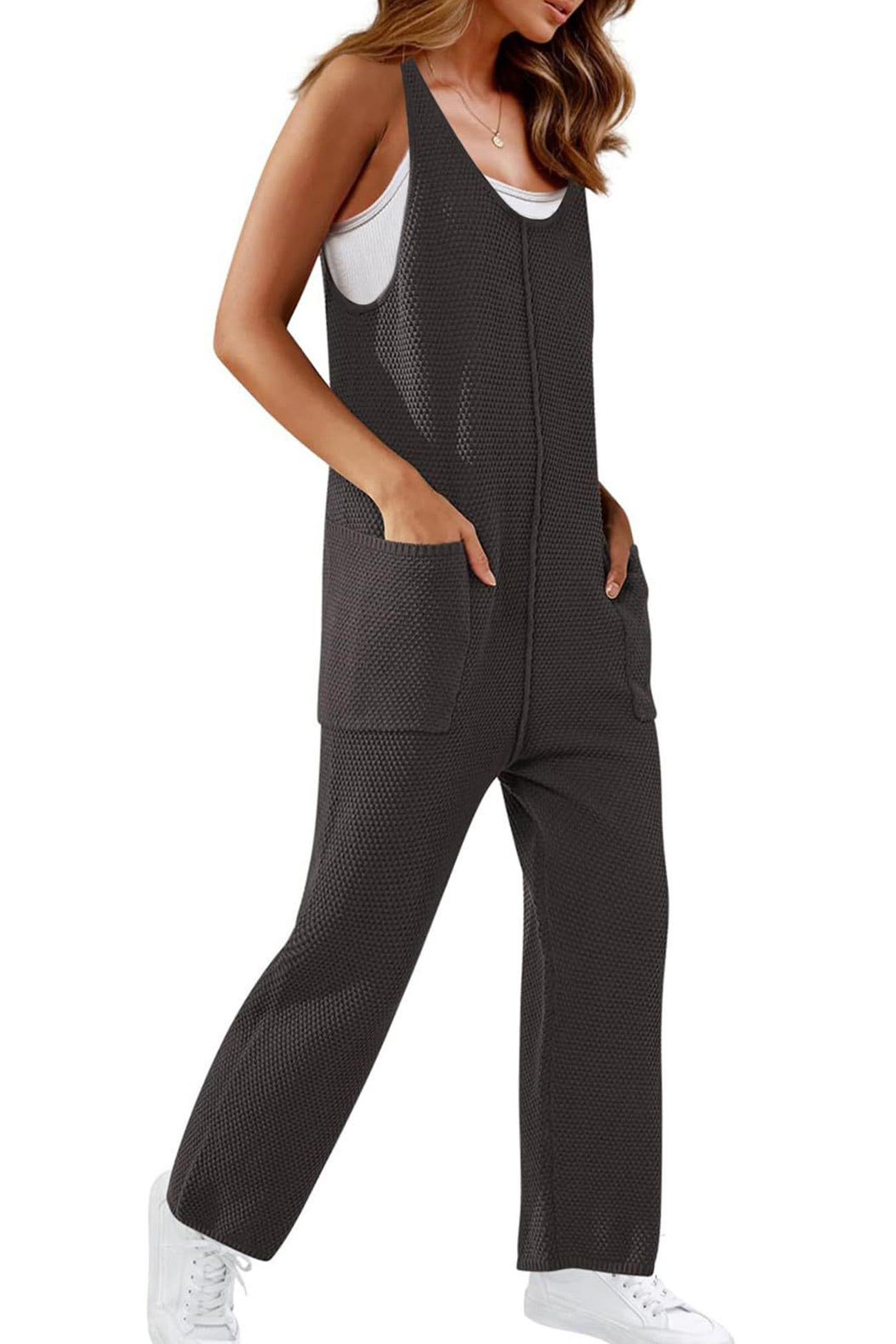 Sleeveless U Neck Dual Pocket Overalls