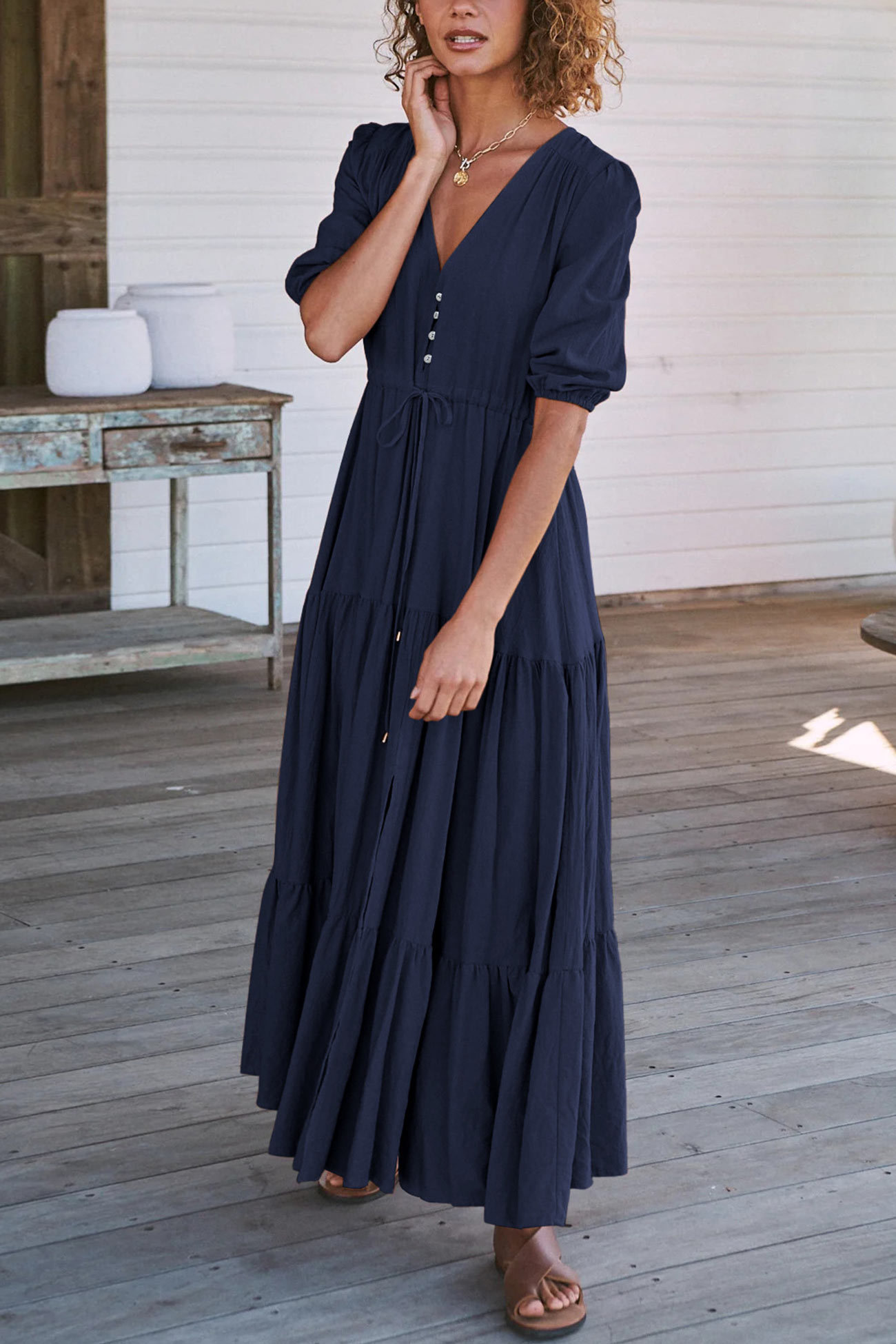 Solid Button Down Tiered Half Sleeve Dress