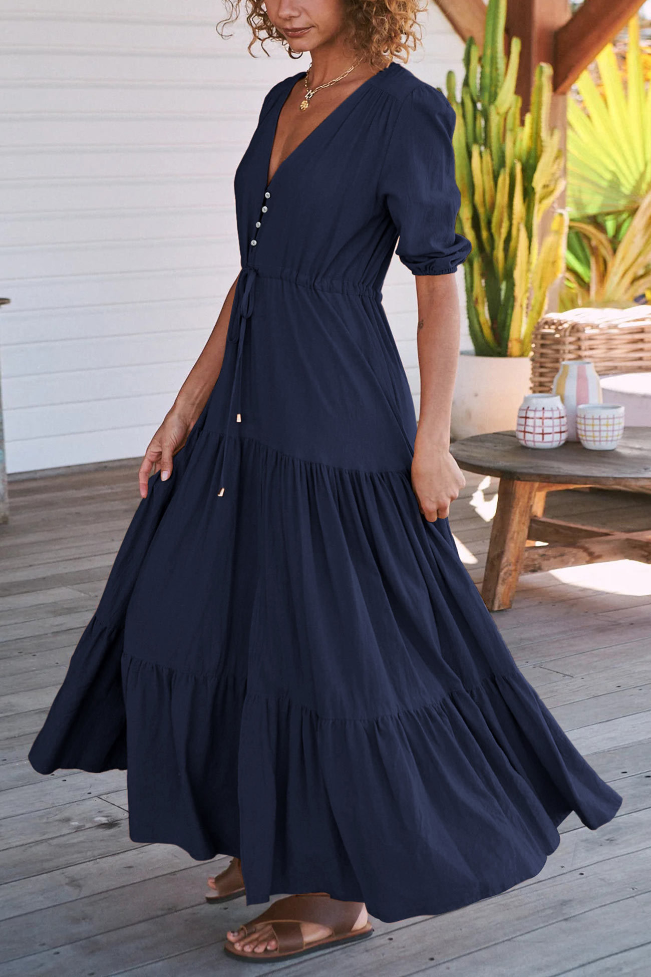 Solid Button Down Tiered Half Sleeve Dress