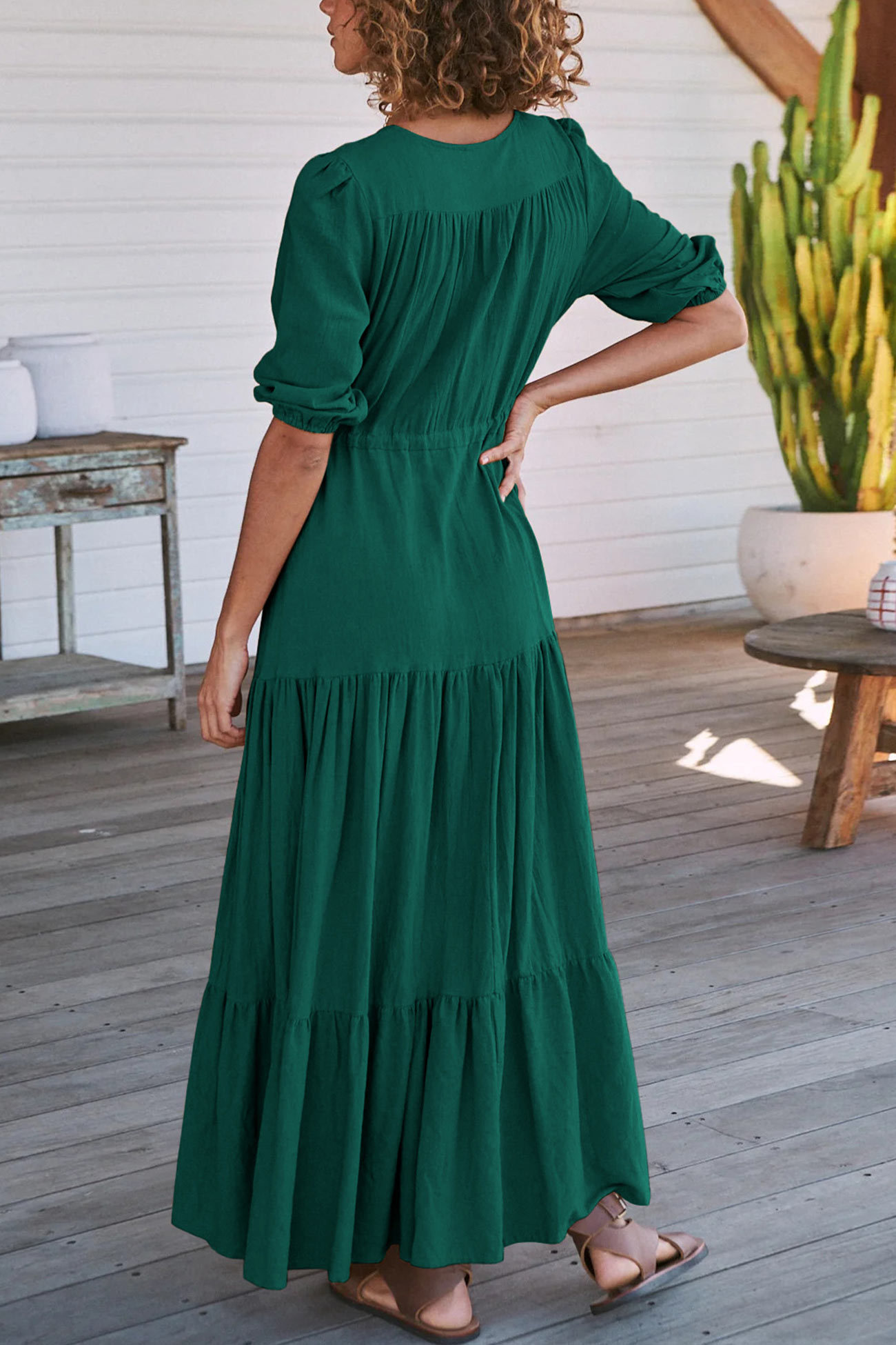 Solid Button Down Tiered Half Sleeve Dress