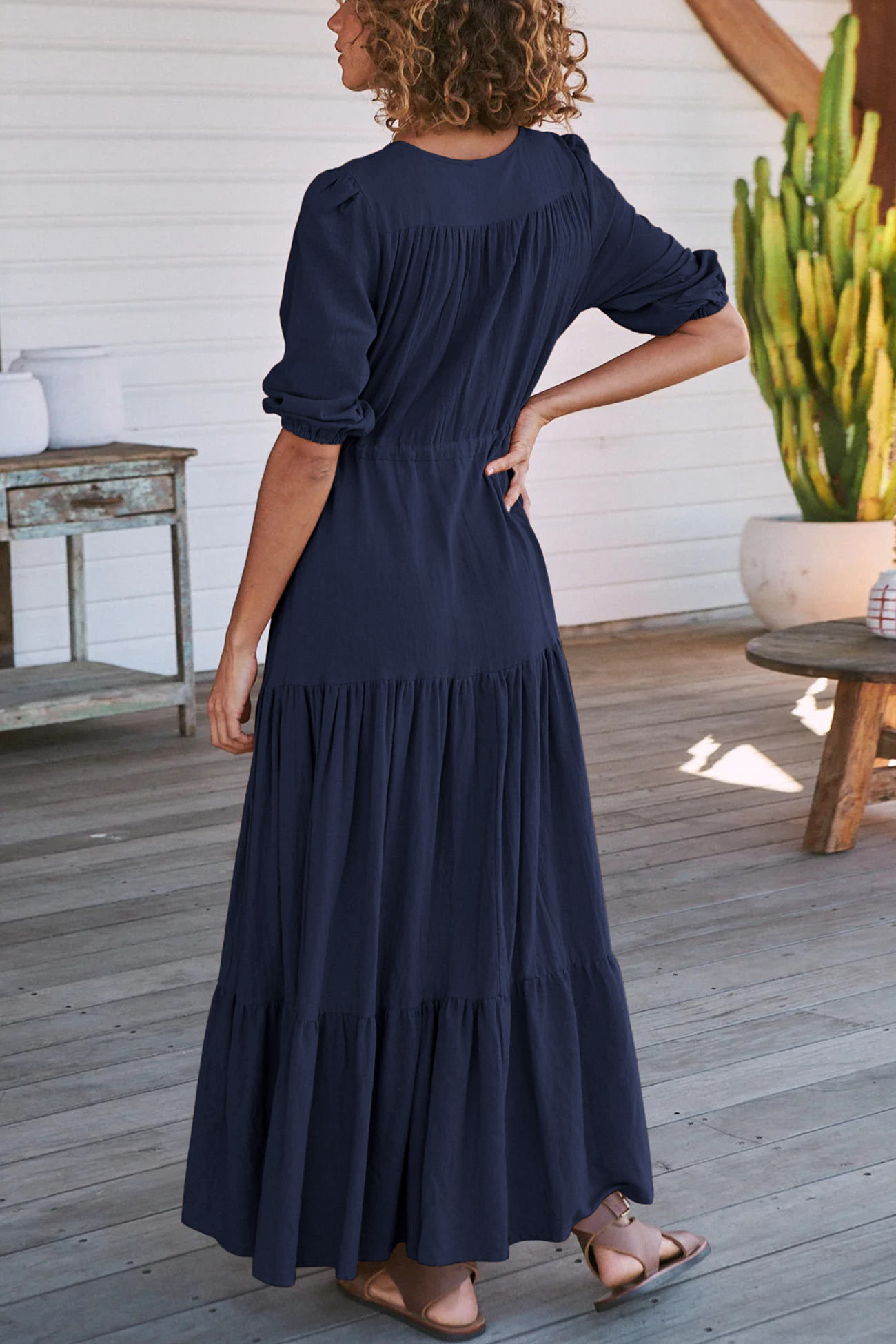 Solid Button Down Tiered Half Sleeve Dress