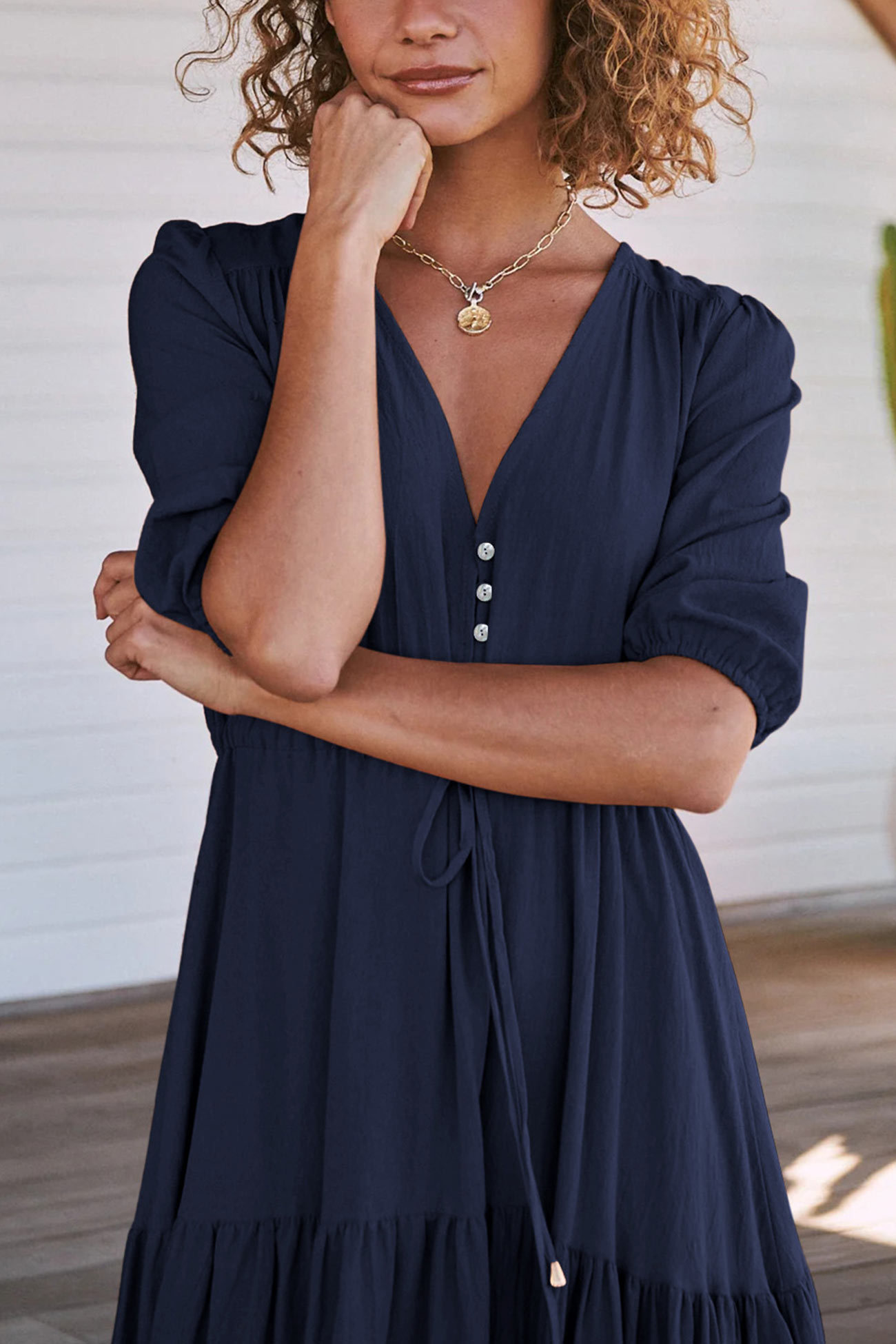 Solid Button Down Tiered Half Sleeve Dress