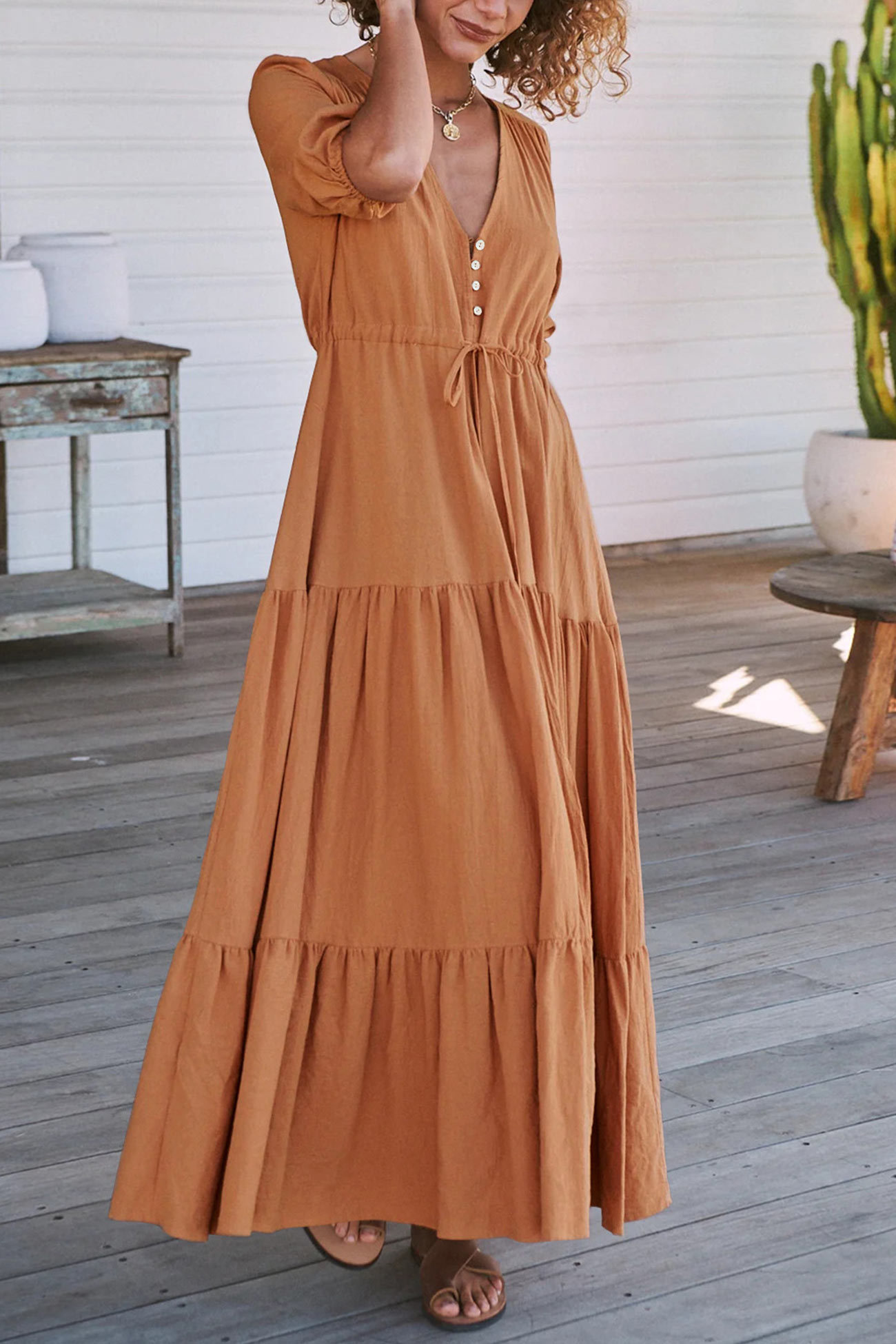 Solid Button Down Tiered Half Sleeve Dress