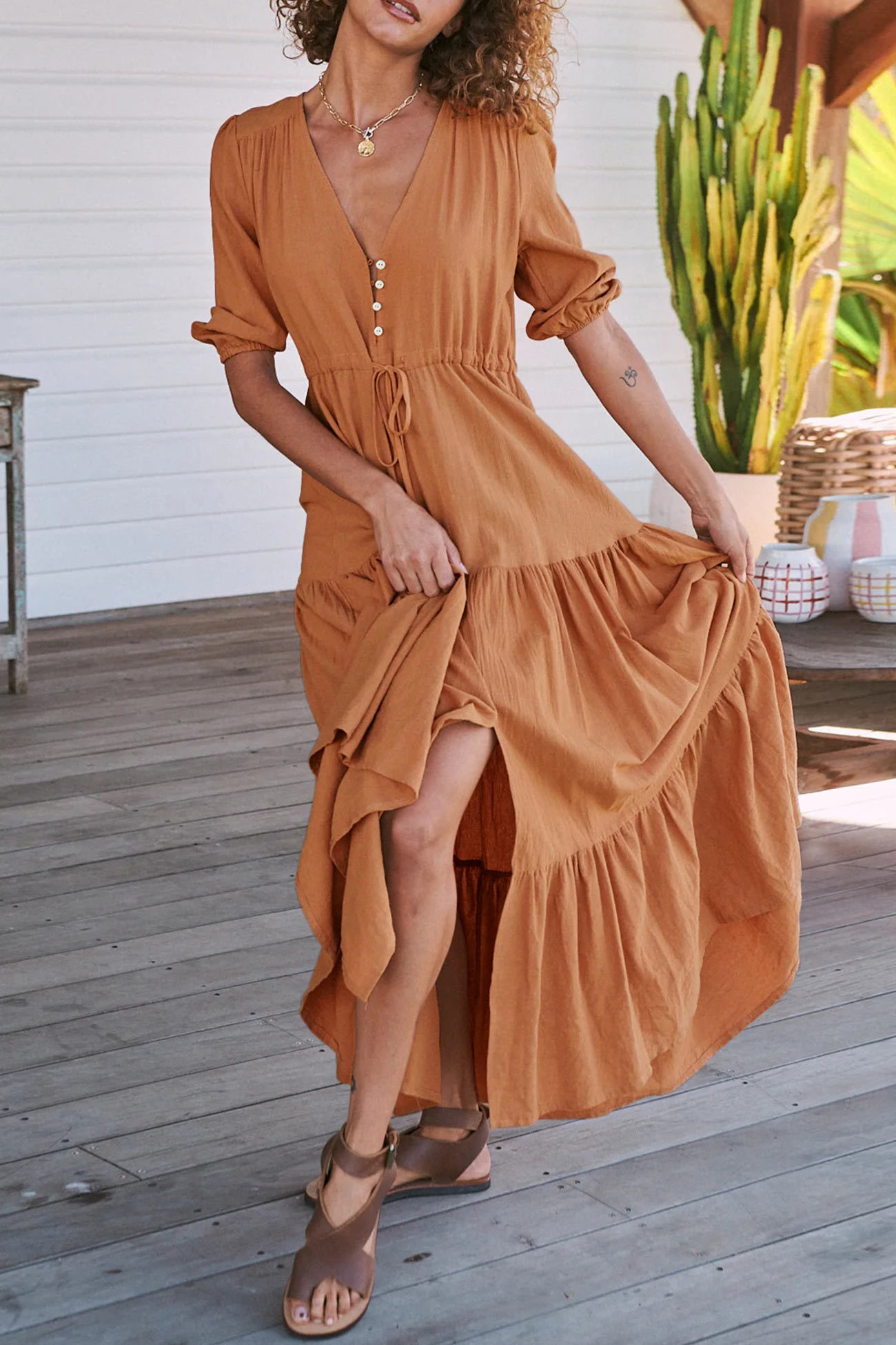 Solid Button Down Tiered Half Sleeve Dress