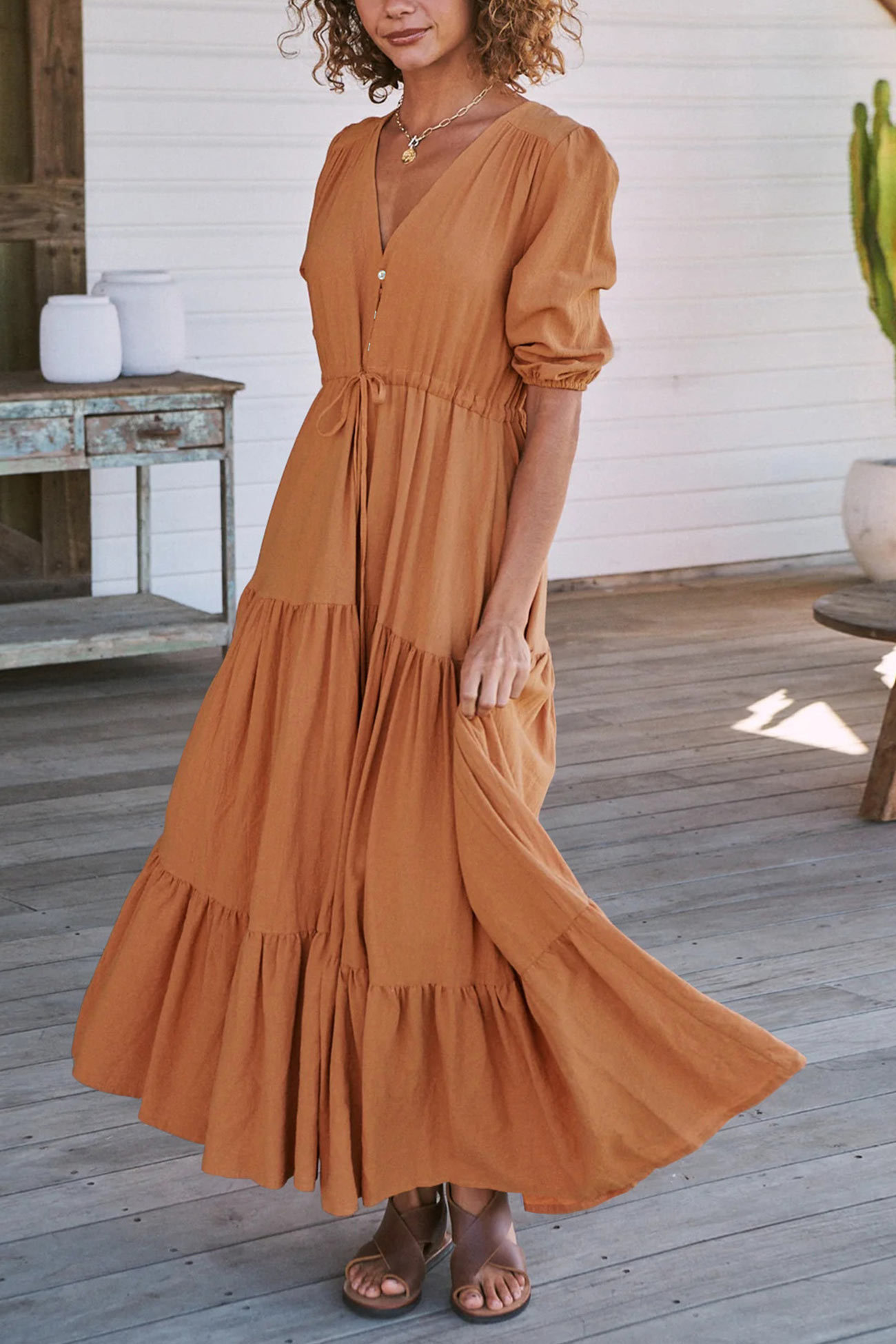 Solid Button Down Tiered Half Sleeve Dress