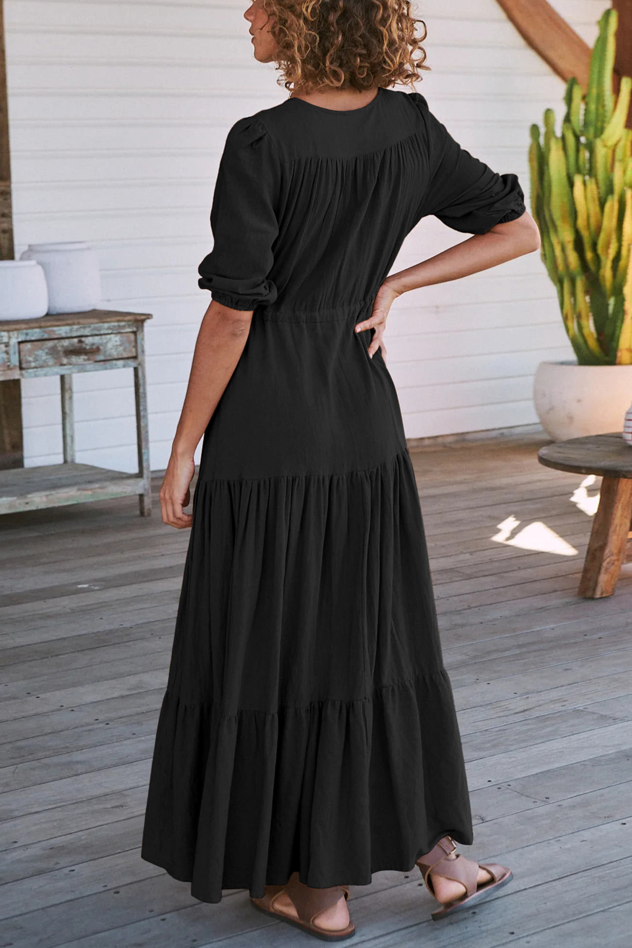Solid Button Down Tiered Half Sleeve Dress