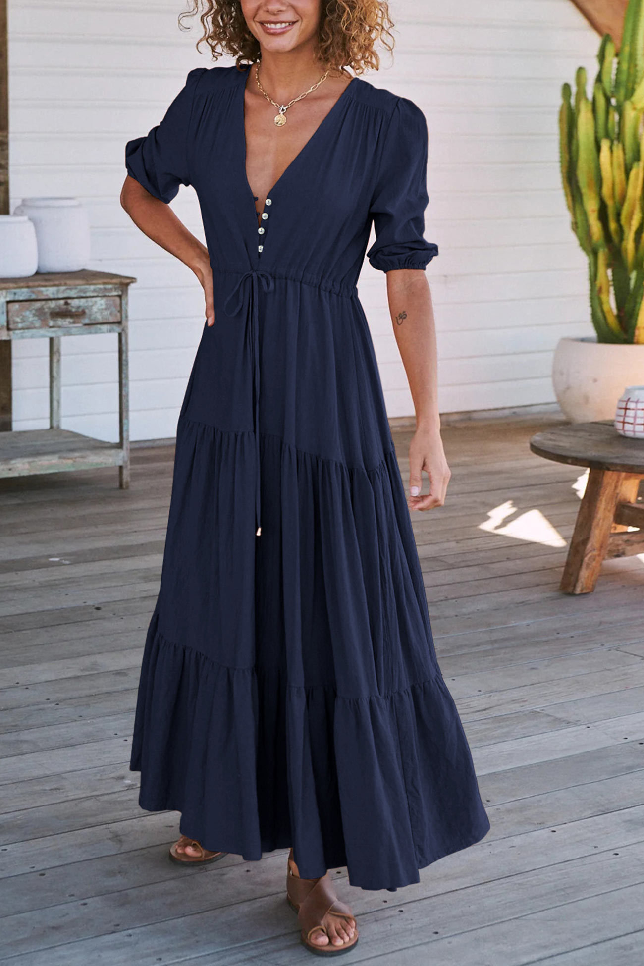 Solid Button Down Tiered Half Sleeve Dress