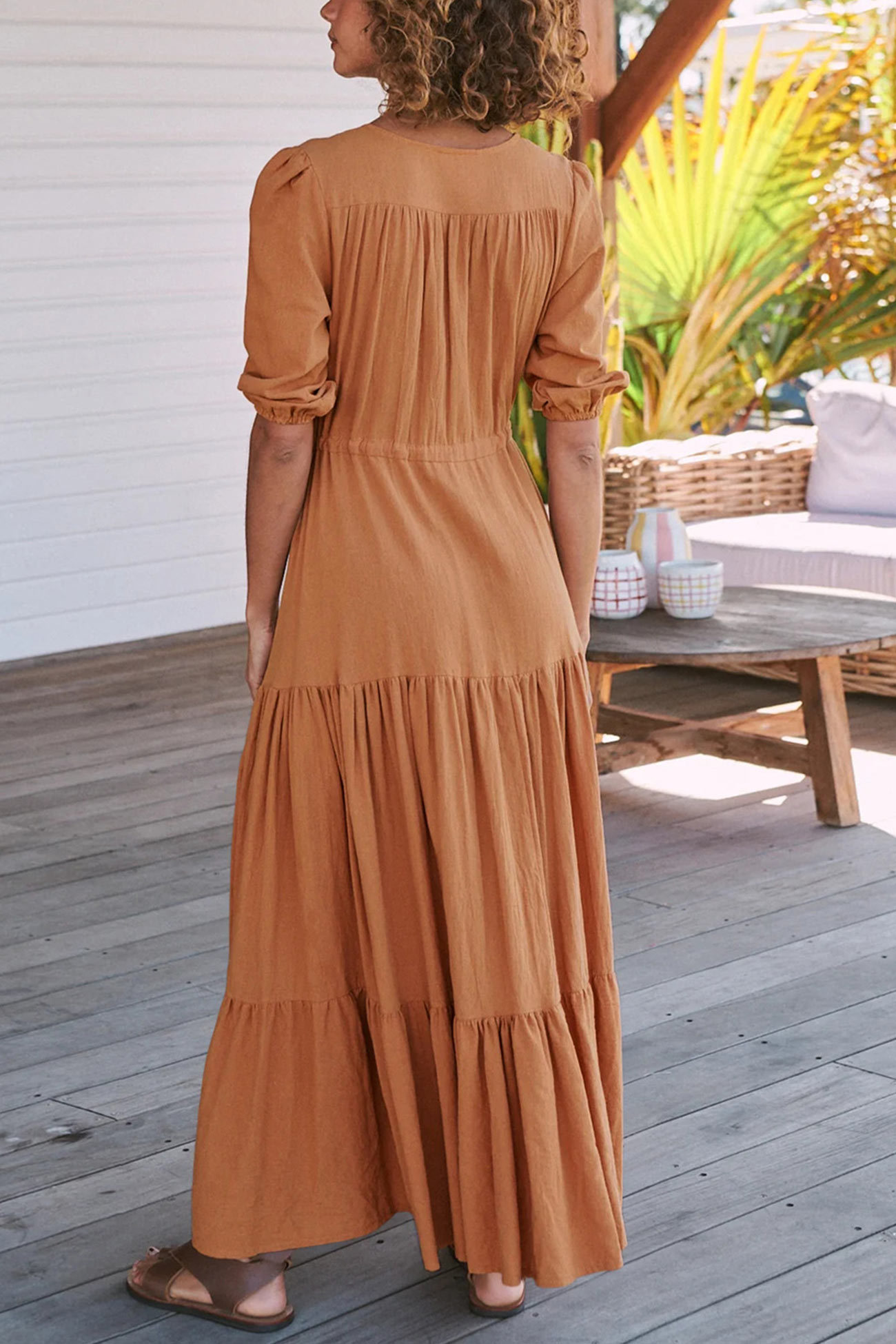Solid Button Down Tiered Half Sleeve Dress