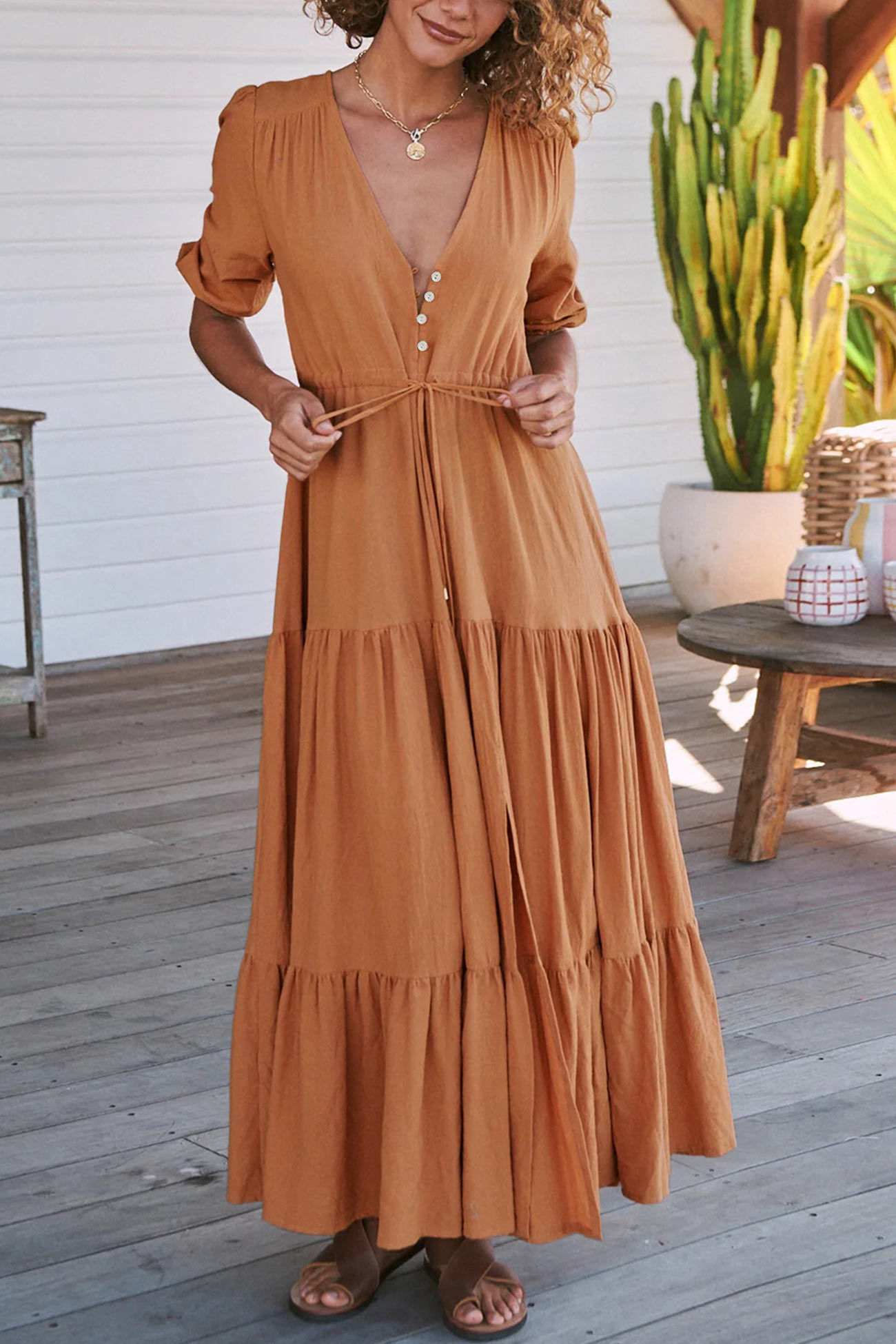 Solid Button Down Tiered Half Sleeve Dress