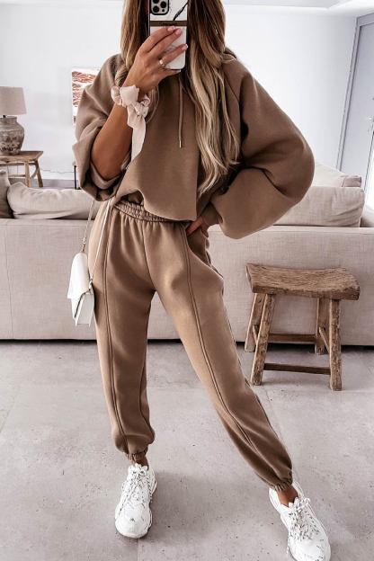 Solid Color Crop Hoodie Sweatpants Set