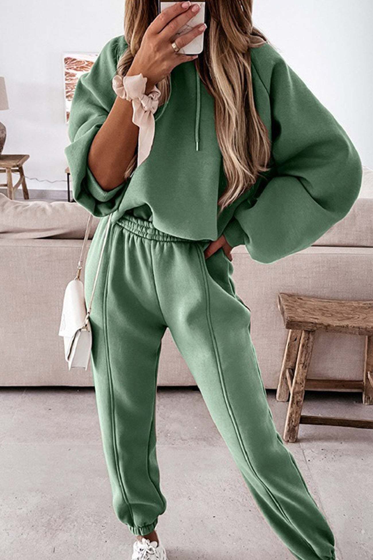 Solid Color Crop Hoodie Sweatpants Set