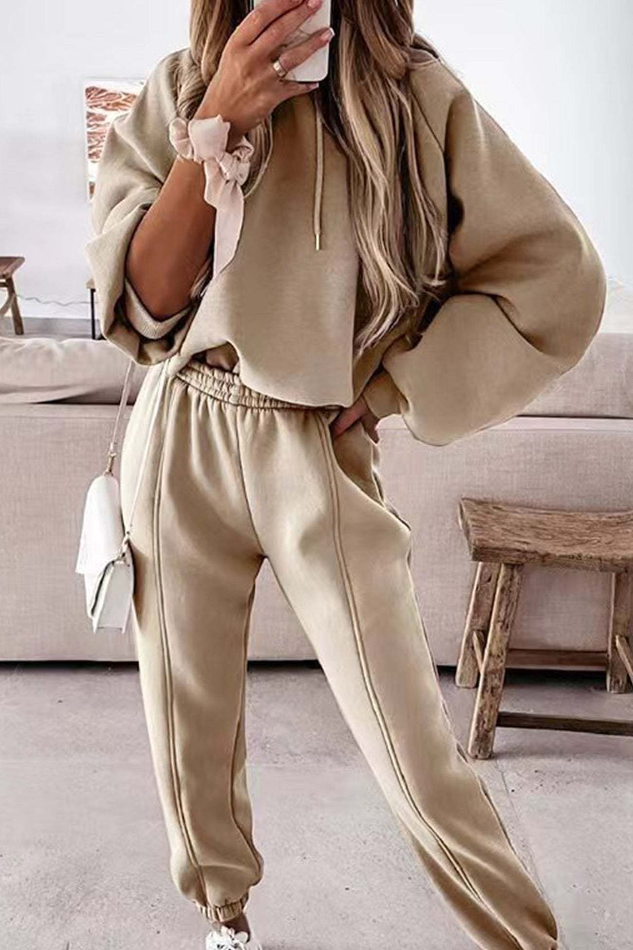Solid Color Crop Hoodie Sweatpants Set