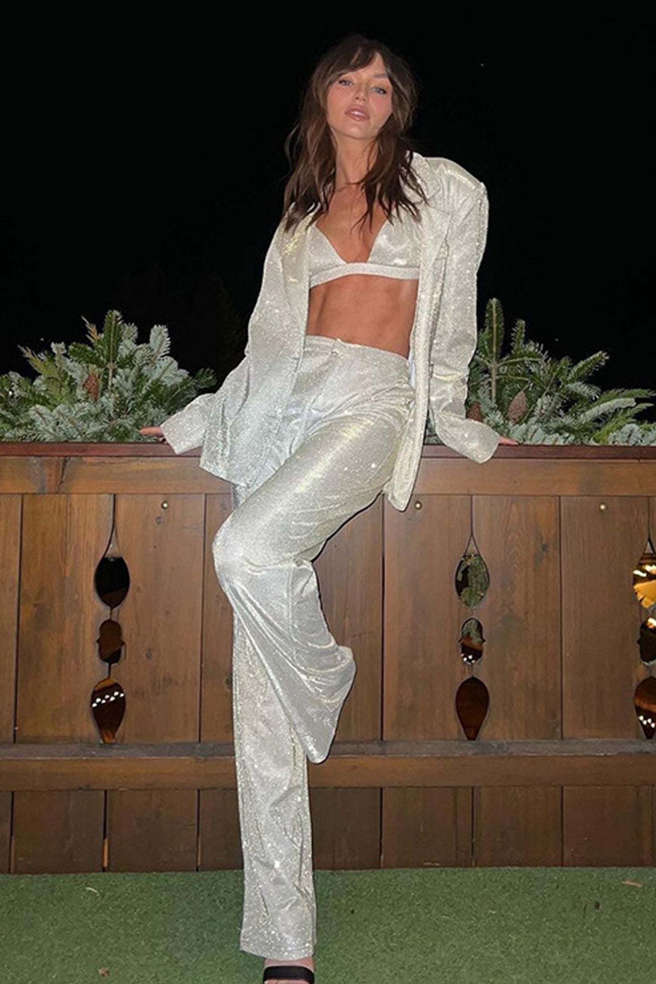 Solid Color Sequins Blazer Three-Piece Set
