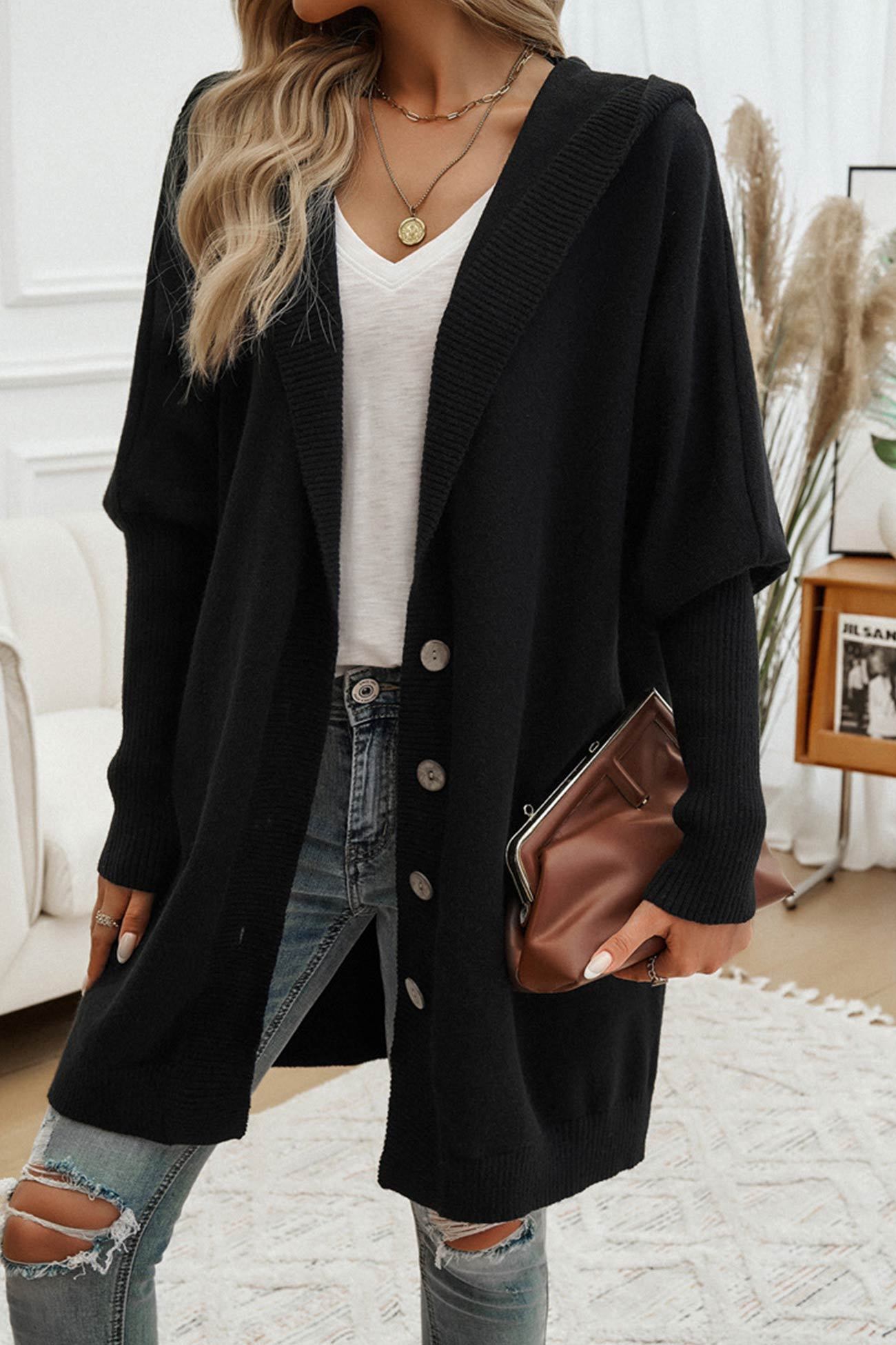 Solid Color Single-breasted Hooded Cardigan
