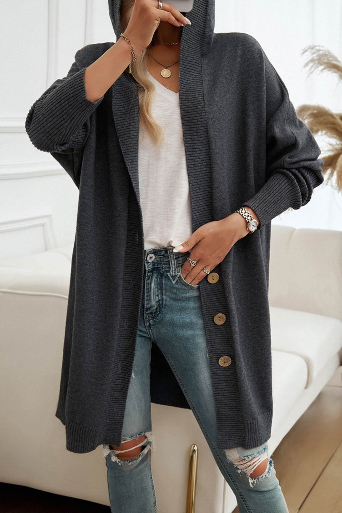 Solid Color Single-breasted Hooded Cardigan