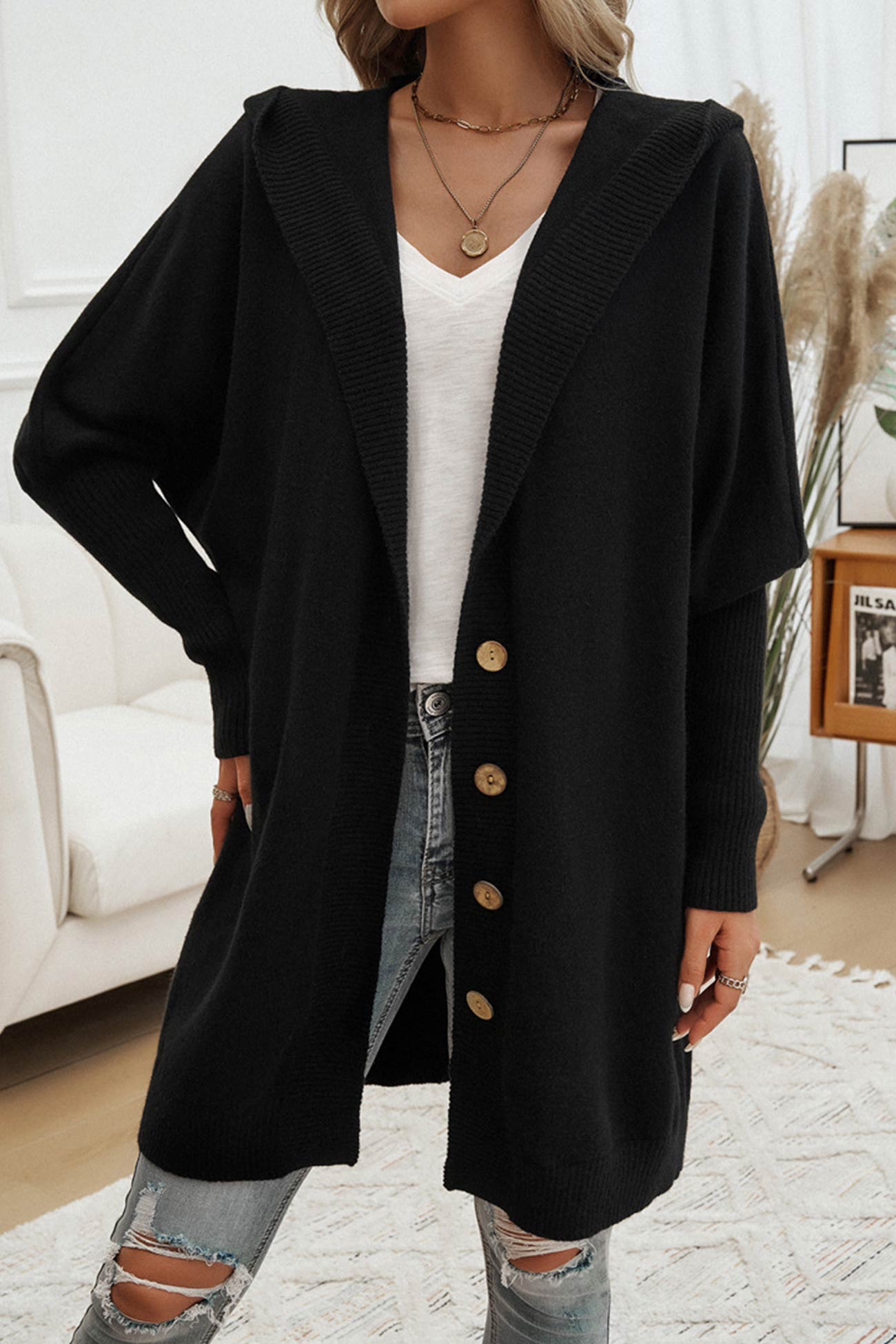 Solid Color Single-breasted Hooded Cardigan