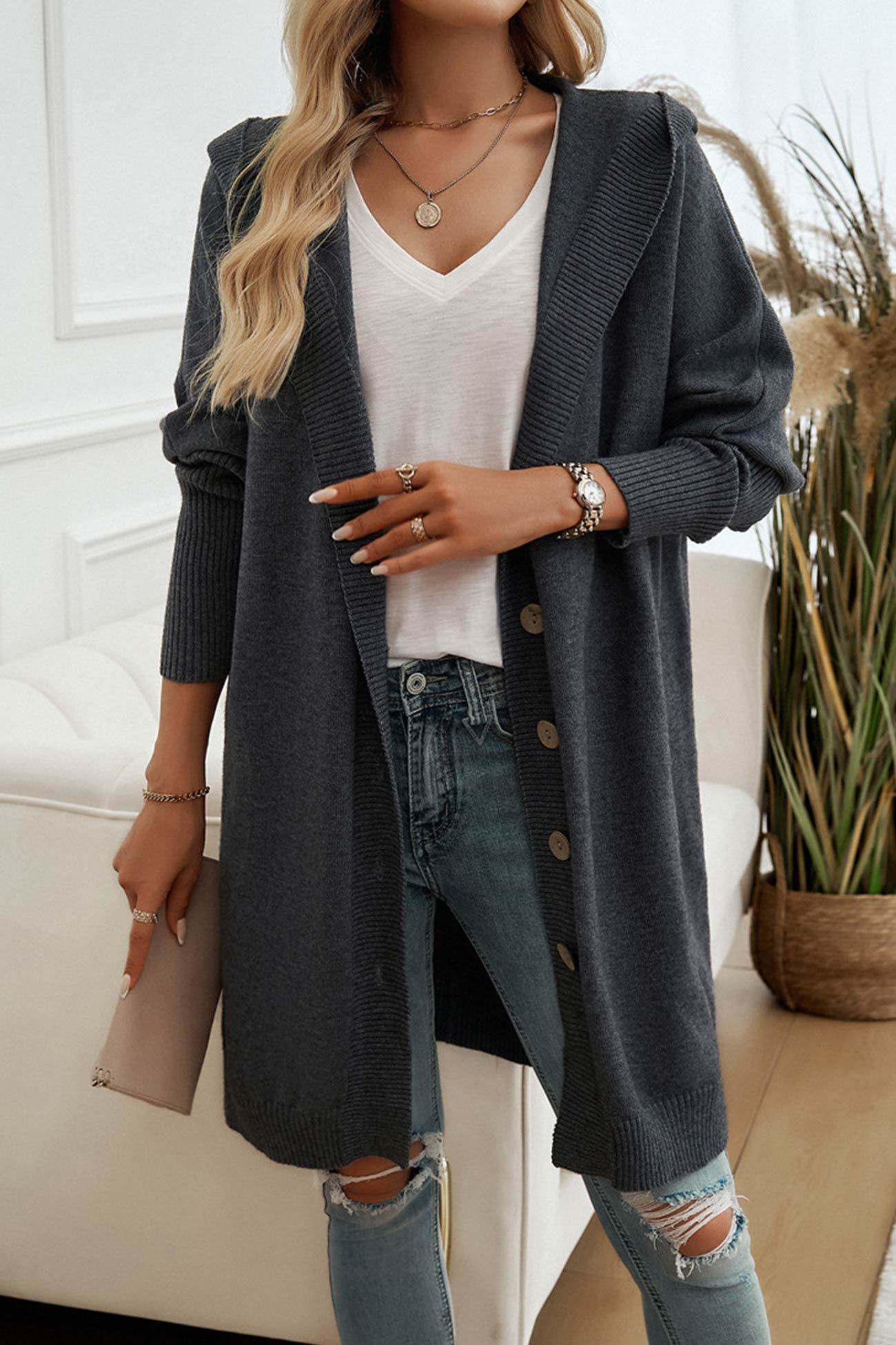 Solid Color Single-breasted Hooded Cardigan