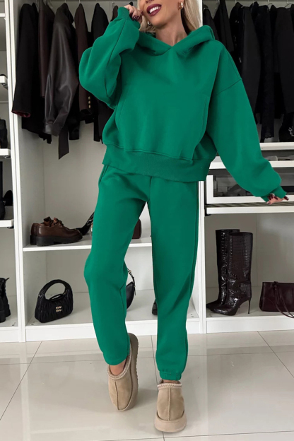 Solid Color Slit Cropped Hooded Set