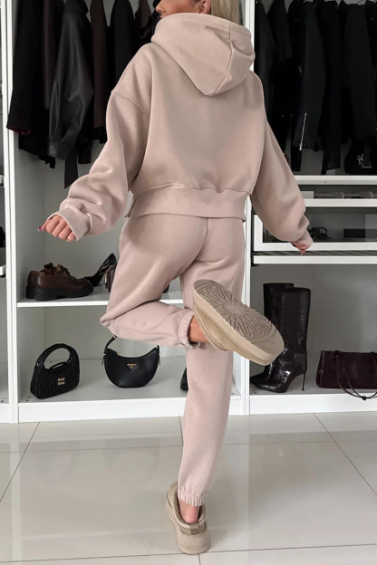Solid Color Slit Cropped Hooded Set