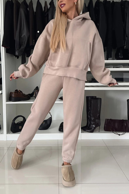 Solid Color Slit Cropped Hooded Set