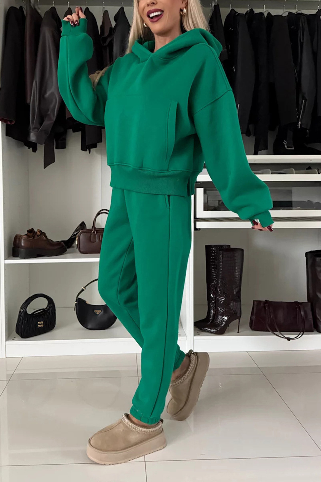 Solid Color Slit Cropped Hooded Set