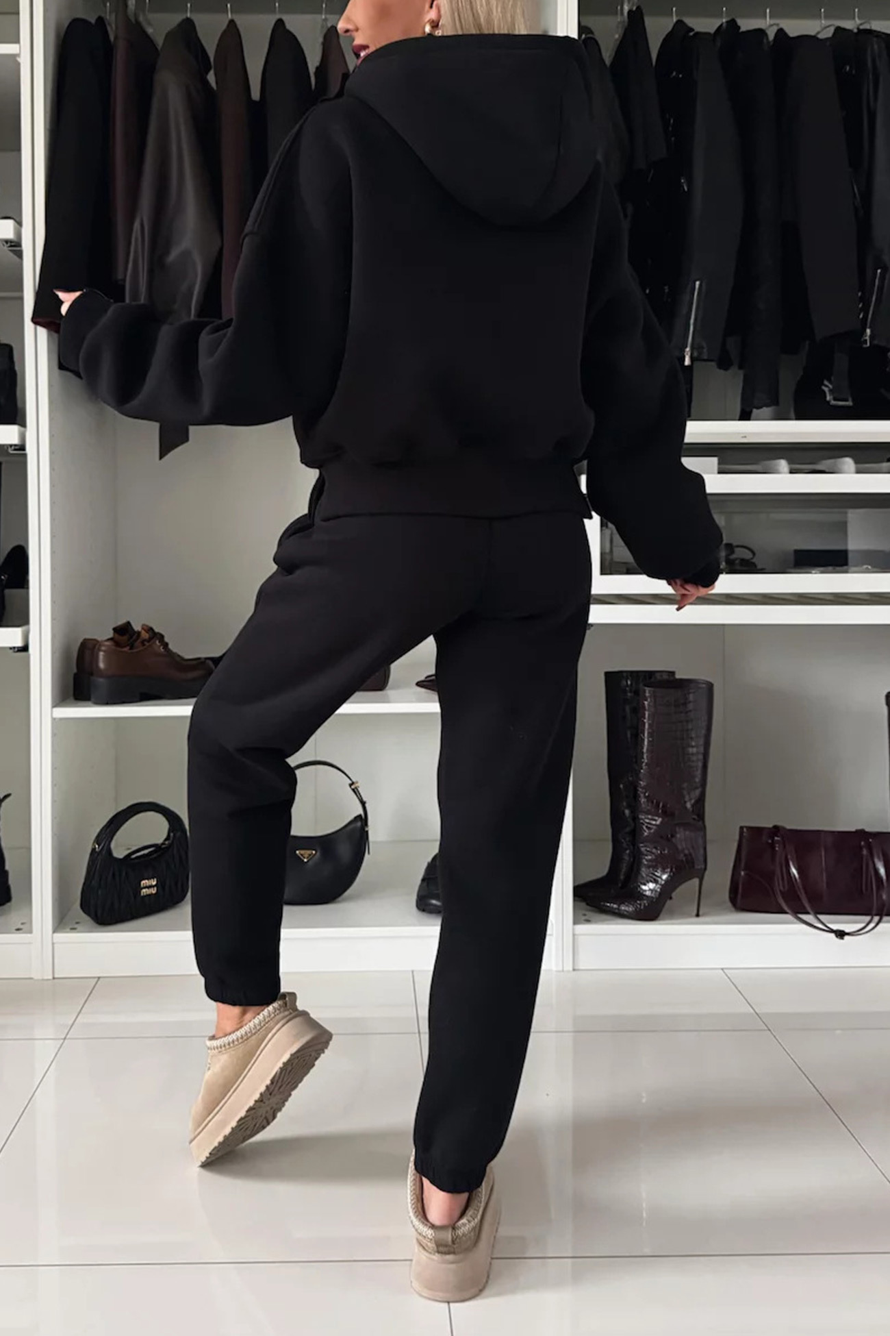 Solid Color Slit Cropped Hooded Set