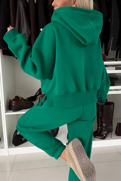 Solid Color Slit Cropped Hooded Set