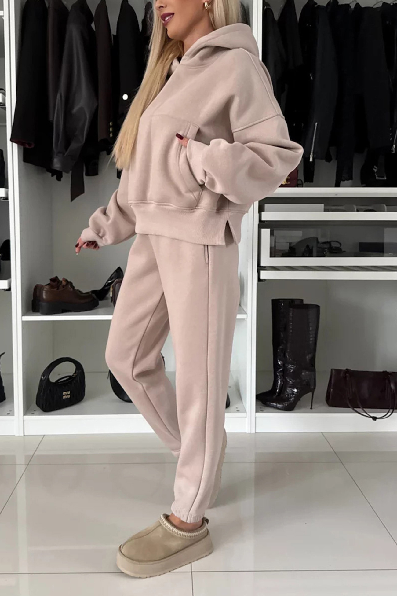 Solid Color Slit Cropped Hooded Set