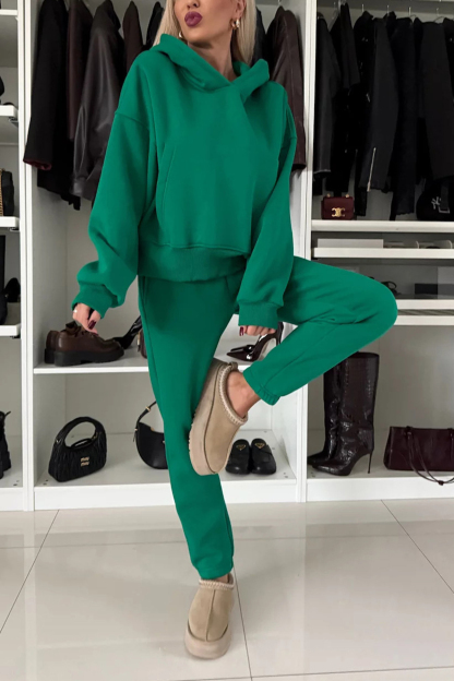 Solid Color Slit Cropped Hooded Set