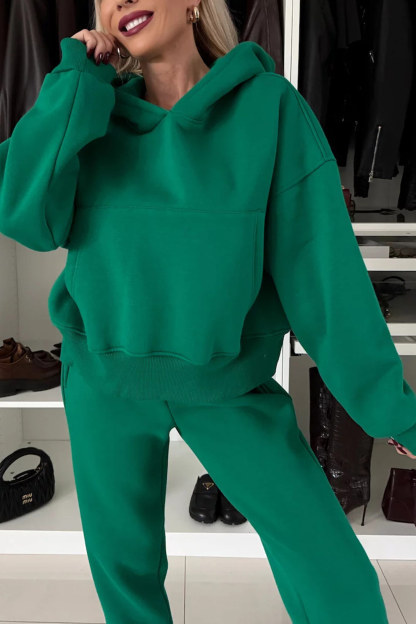 Solid Color Slit Cropped Hooded Set