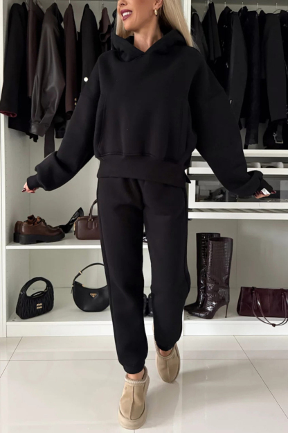 Solid Color Slit Cropped Hooded Set