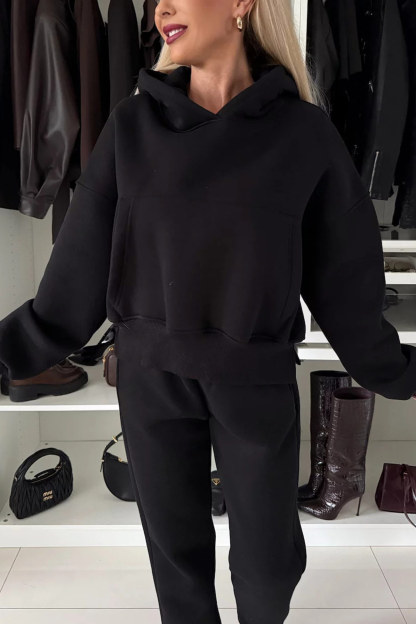 Solid Color Slit Cropped Hooded Set