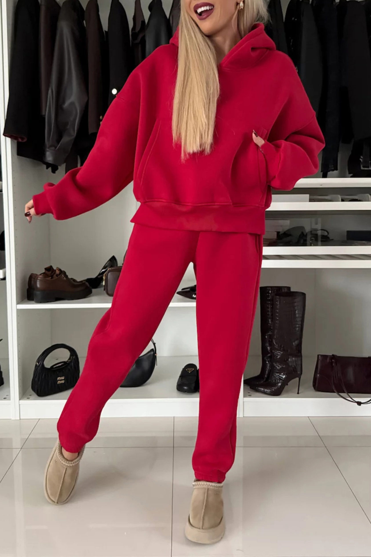 Solid Color Slit Cropped Hooded Set
