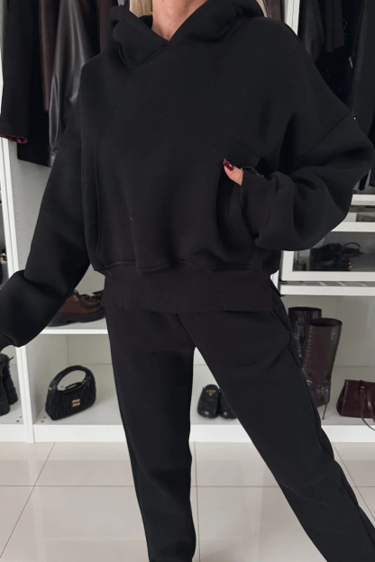Solid Color Slit Cropped Hooded Set