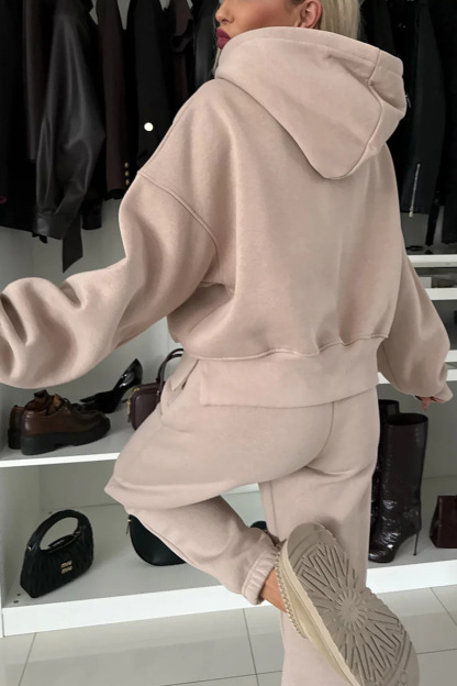 Solid Color Slit Cropped Hooded Set