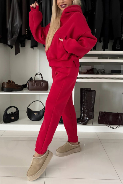 Solid Color Slit Cropped Hooded Set