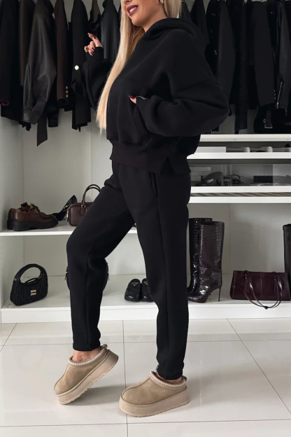 Solid Color Slit Cropped Hooded Set