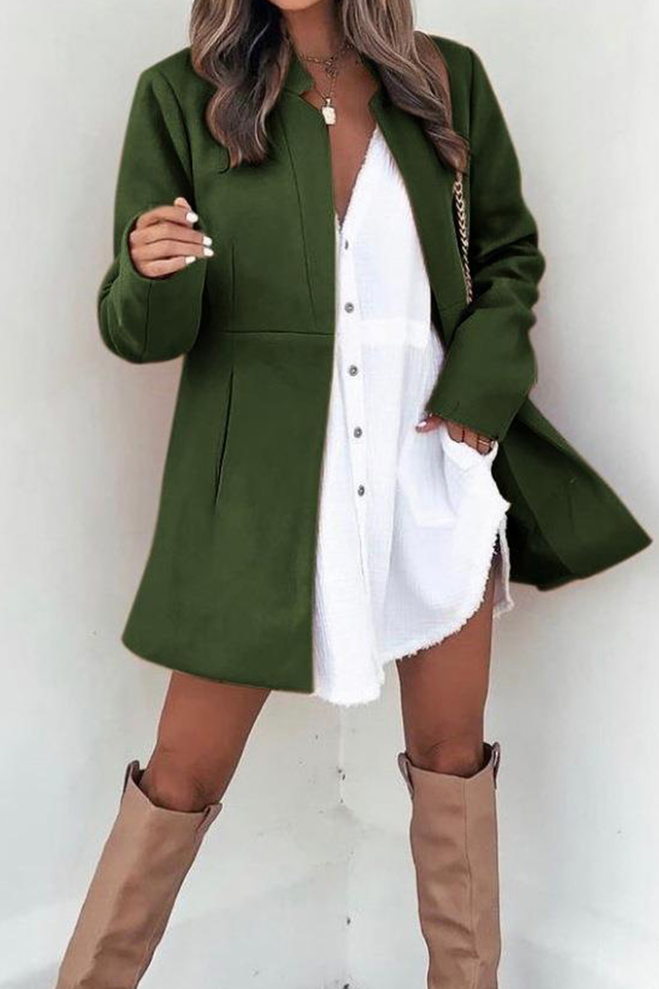 Solid Color Stand Neck Mid-length Plush Coat