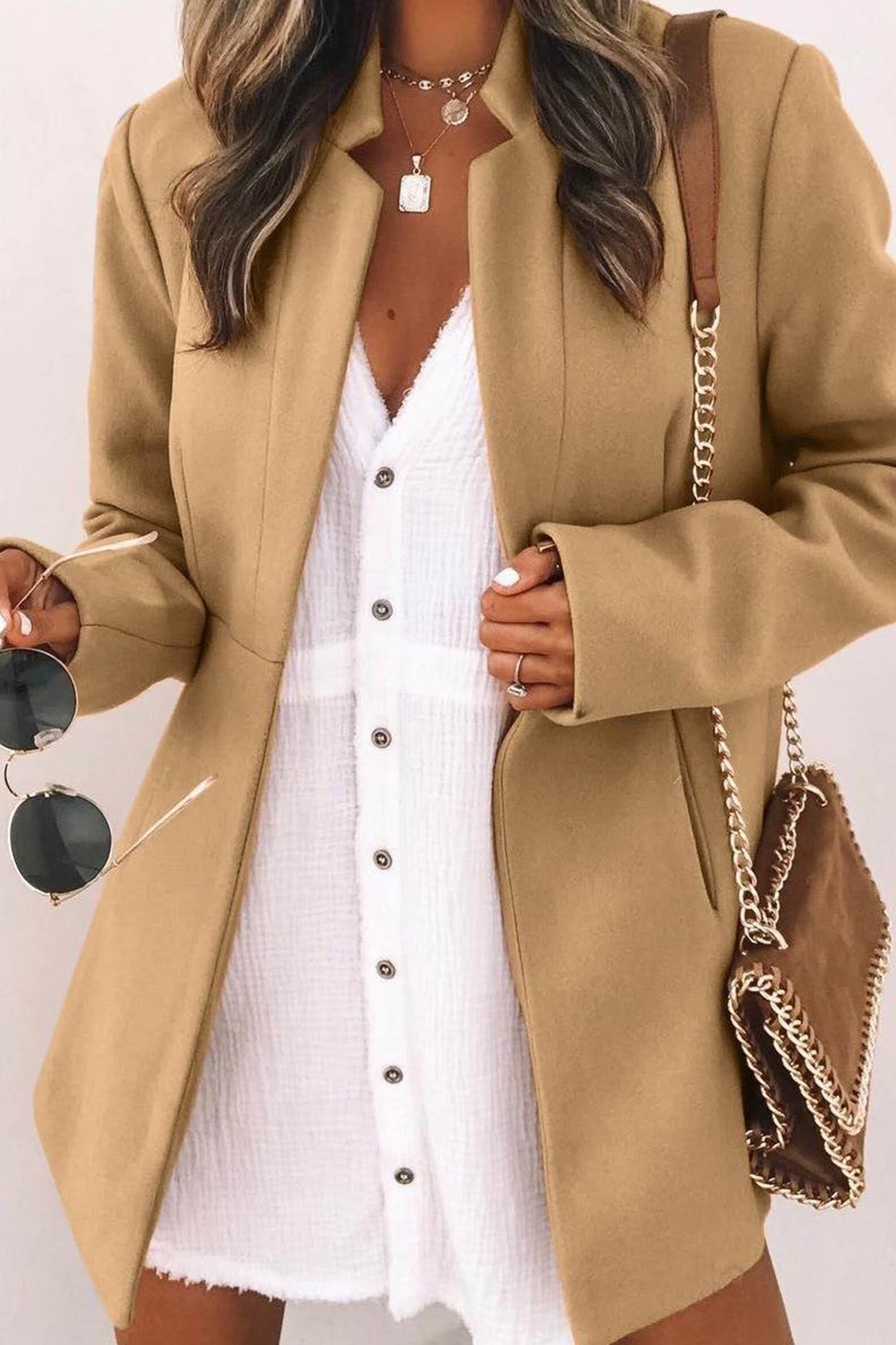 Solid Color Stand Neck Mid-length Plush Coat