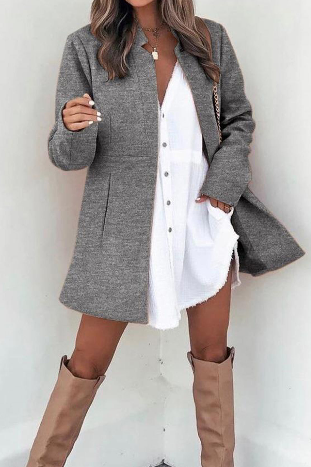 Solid Color Stand Neck Mid-length Plush Coat